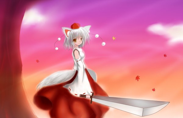 Anime picture 1500x972 with touhou inubashiri momiji animal ears yellow eyes white hair tail miko girl weapon hat detached sleeves sword leaf (leaves)