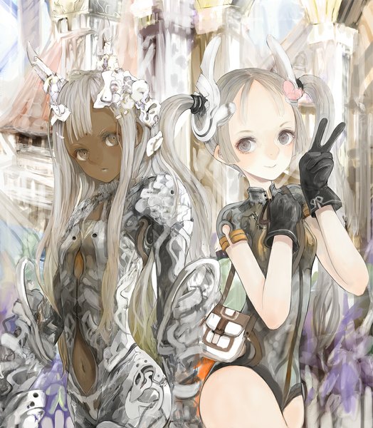 Anime picture 906x1038 with original asme (m a l d o) long hair tall image looking at viewer blonde hair smile twintails multiple girls horn (horns) grey eyes dark skin victory girl gloves navel 2 girls black gloves armor bag