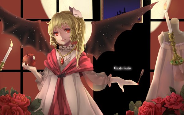 Anime picture 1280x800 with touhou flandre scarlet mia (wudongmian) single blonde hair red eyes wide image ponytail inscription teeth fang (fangs) alternate costume side ponytail bat wings demon wings weightlessness no hat alternate wings girl dress