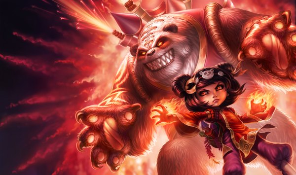 Anime picture 1750x1036 with league of legends annie (league of legends) tibbers (league of legends) michelle hoefener single fringe highres short hair wide image standing yellow eyes traditional clothes lips realistic official art teeth orange eyes wallpaper grin chinese clothes