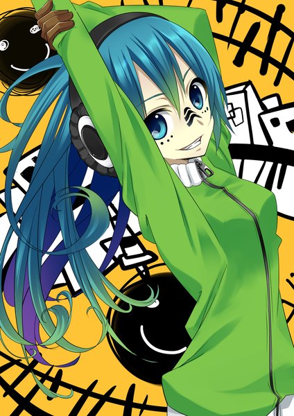 Anime picture 1304x1844 with vocaloid matryoshka (vocaloid) hatsune miku sama (artist) single long hair tall image blue eyes smile blue hair multicolored hair arms up face paint girl gloves headphones