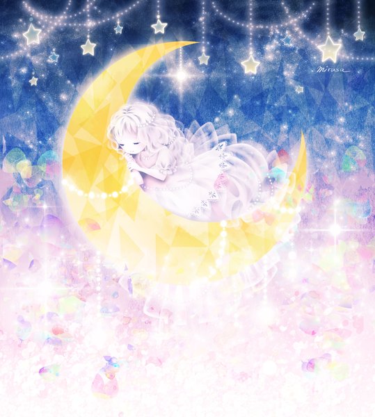 Anime picture 1500x1668 with original mirusa single long hair tall image white hair eyes closed crescent girl dress star (symbol) jewelry