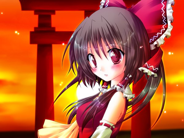 Anime picture 1200x900 with touhou hakurei reimu meiya neon blush black hair red eyes bare shoulders evening sunset girl bow hair bow torii