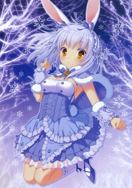 Anime picture 2212x3150 with original tagme (artist) single tall image looking at viewer blush highres short hair animal ears yellow eyes silver hair scan bunny ears dutch angle bunny girl jumping girl dress plant (plants) tree (trees)