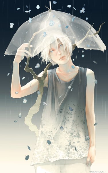 Anime picture 880x1405 with original re (artist) tall image fringe short hair blue eyes standing holding white hair realistic rain boy petals branch