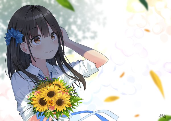 Anime picture 1529x1087 with original miko fly single long hair blush fringe simple background hair between eyes brown hair standing brown eyes signed payot looking away upper body outdoors blurry shadow one side up adjusting hair