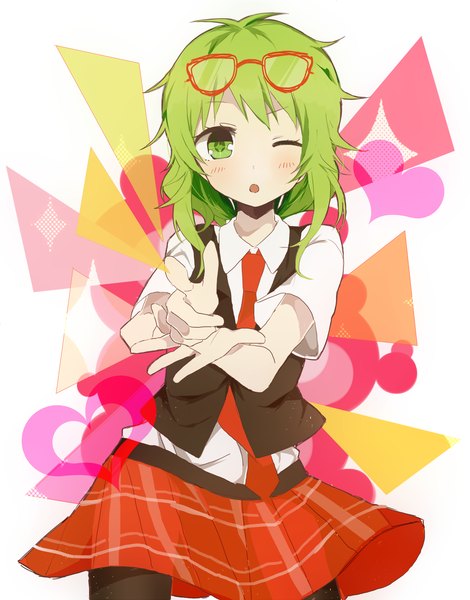 Anime picture 1500x1913 with vocaloid setsuna trip (vocaloid) gumi yuna rukawa single tall image blush fringe short hair open mouth simple background standing green eyes one eye closed green hair wink alternate costume girl skirt shirt