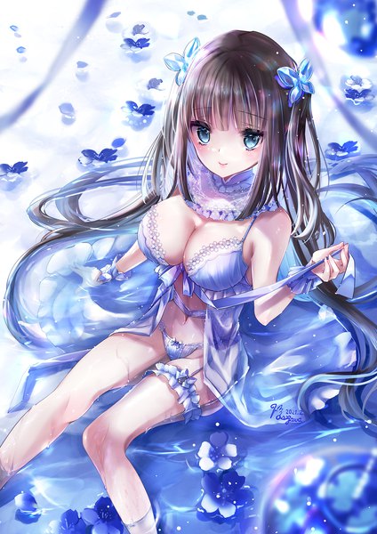 Anime picture 1302x1842 with original moe2021 hane segawa single tall image looking at viewer fringe breasts light erotic brown hair large breasts sitting holding signed payot bent knee (knees) blunt bangs very long hair aqua eyes from above