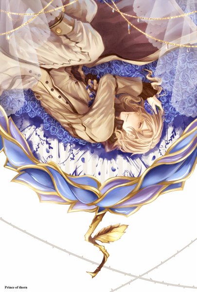 Anime picture 900x1333 with the last story kaname (cherry0732) single long hair tall image fringe blonde hair yellow eyes lying hair over one eye inscription on side upside down boy flower (flowers) petals boots rose (roses) cloak blue rose