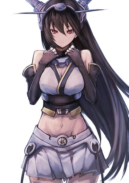 Anime picture 707x1000 with kantai collection nagato battleship shingo (missing link) single long hair tall image looking at viewer black hair simple background red eyes white background pleated skirt bare belly girl skirt gloves navel miniskirt elbow gloves headdress