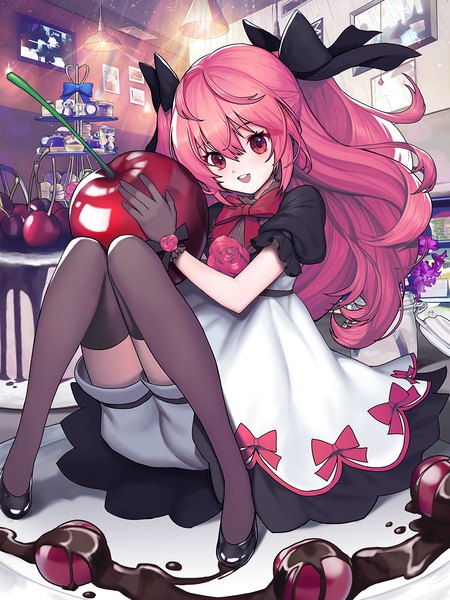 Anime picture 960x1280 with original kyundoo single long hair tall image looking at viewer fringe open mouth smile hair between eyes sitting holding payot pink hair full body bent knee (knees) indoors head tilt :d pink eyes