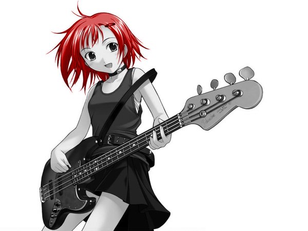 Anime picture 1280x960 with original honda naoki white background red hair third-party edit spot color guitar bass guitar