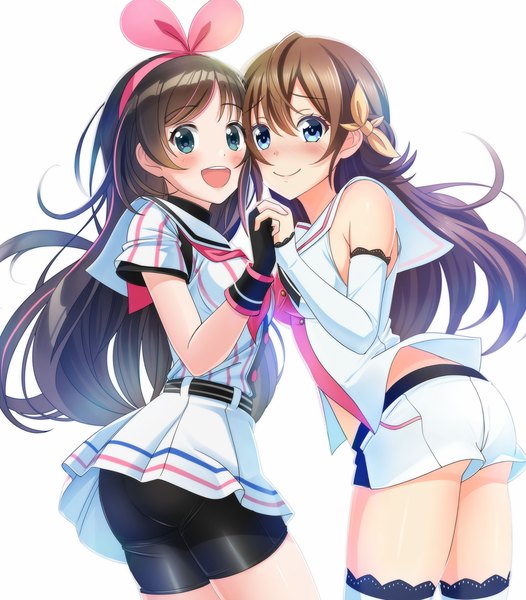 Anime picture 1500x1712 with hachigatsu no cinderella nine virtual youtuber a.i. channel kizuna ai arihara tsubasa tagme (artist) long hair tall image looking at viewer blush fringe open mouth blue eyes light erotic simple background smile brown hair white background bare shoulders multiple girls