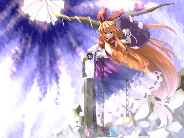 Anime picture 2000x1500 with touhou ibuki suika tro highres blonde hair smile brown eyes very long hair horn (horns) girl bow ribbon (ribbons) chain alcohol sake gourd