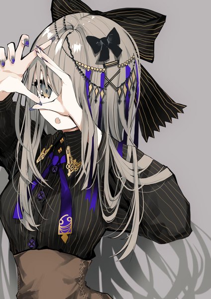 Anime picture 1446x2048 with original narue single long hair tall image looking at viewer fringe open mouth simple background upper body long sleeves nail polish fingernails grey hair hair over one eye grey background mole arms up :o grey eyes