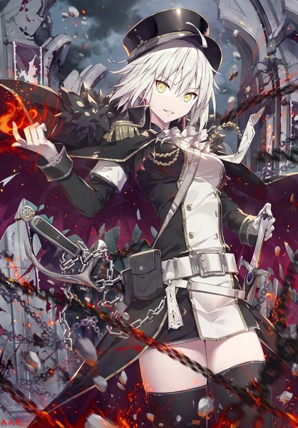 Anime picture 696x1000 with fate (series) fate/grand order jeanne d'arc (fate) (all) jeanne d'arc alter (fate) gabiran single tall image looking at viewer fringe short hair smile hair between eyes standing yellow eyes sky cloud (clouds) ahoge white hair blurry pale skin