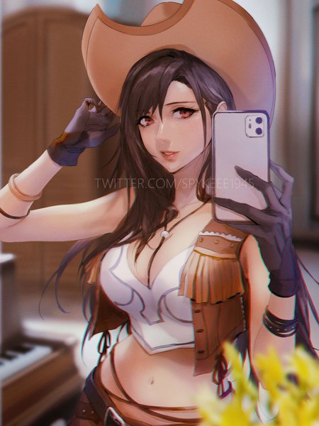 Anime picture 3024x4032 with final fantasy final fantasy vii final fantasy vii remake square enix tifa lockhart spykeee single long hair tall image looking at viewer fringe highres breasts light erotic black hair smile red eyes large breasts bare shoulders holding