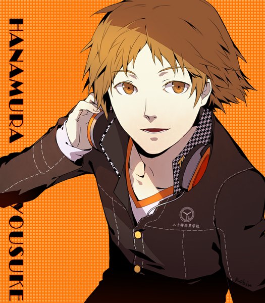 Anime picture 700x800 with persona 4 persona hanamura yousuke robinexile single tall image short hair simple background brown hair brown eyes parted lips character names portrait headphones around neck orange background hand on headphones boy uniform school uniform headphones
