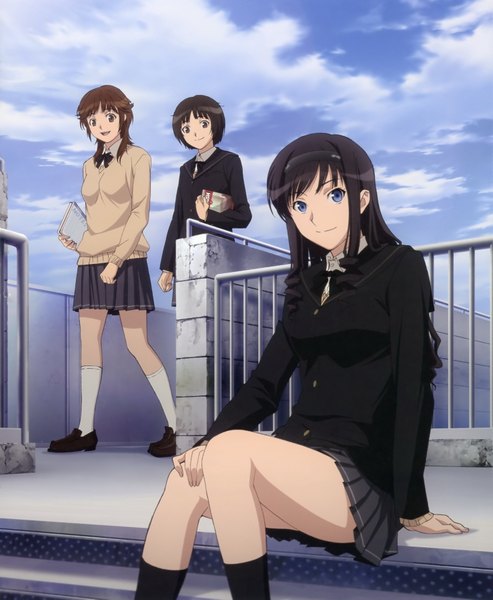 Anime picture 2953x3589 with amagami morishima haruka sakurai rihoko tachibana miya long hair tall image highres short hair blue eyes black hair smile brown hair sitting multiple girls brown eyes absurdres sky cloud (clouds) girl serafuku