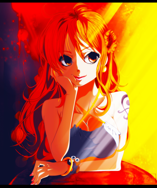 Anime picture 1731x2070 with one piece toei animation nami (one piece) yameta studio single long hair tall image fringe highres breasts hair between eyes large breasts bare shoulders signed looking away cleavage upper body nail polish hair flower fingernails