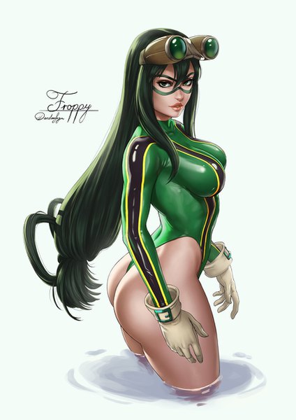 Anime picture 850x1202 with boku no hero academia studio bones asui tsuyu dandon fuga single long hair tall image looking at viewer fringe breasts light erotic simple background hair between eyes green eyes signed payot ass parted lips green hair lips