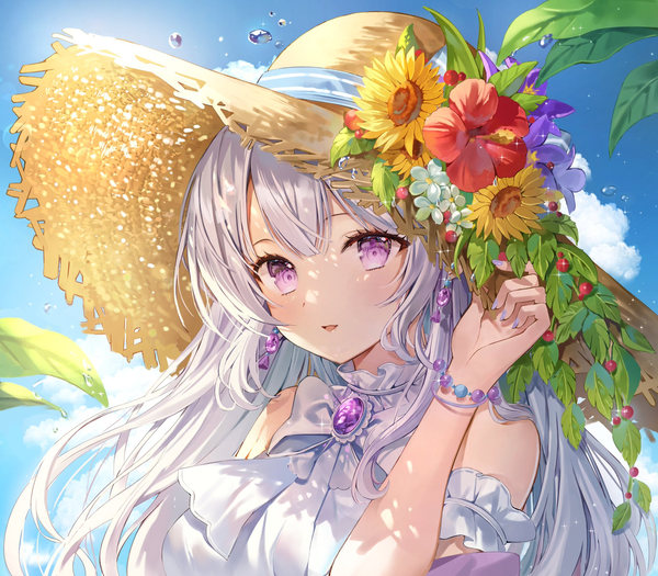 Anime picture 2048x1791 with original auro drm single long hair looking at viewer blush fringe highres open mouth purple eyes sky silver hair cloud (clouds) upper body outdoors blunt bangs nail polish arm up fingernails light smile