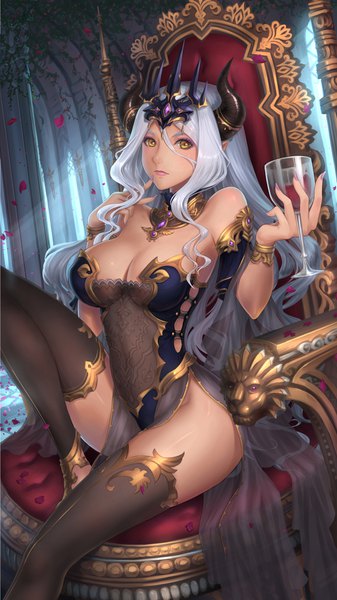 Anime picture 1080x1920 with original youbou single long hair tall image looking at viewer blush fringe breasts light erotic hair between eyes sitting bare shoulders holding yellow eyes cleavage silver hair bent knee (knees) indoors nail polish