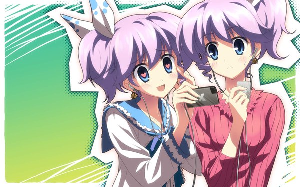 Anime picture 1920x1200 with dj max portable ladymade star seha klatt yuuki tatsuya highres blue eyes wide image purple hair side ponytail siblings twins ribbon (ribbons) hair ribbon heart headphones