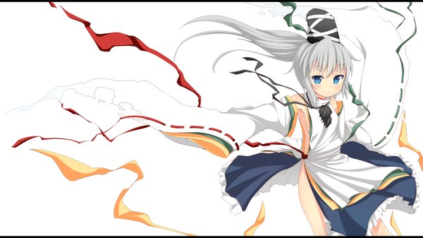 Anime picture 1920x1080 with touhou mononobe no futo gamuo single long hair looking at viewer blush highres blue eyes simple background smile wide image white background silver hair ponytail girl dress hat detached sleeves