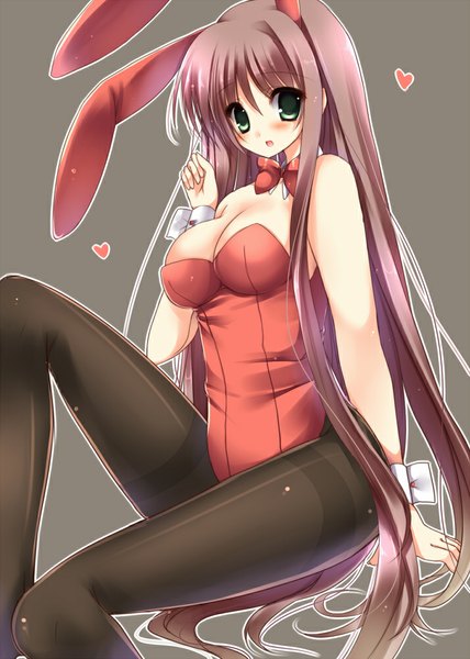 Anime picture 714x1000 with original amane ruri single tall image looking at viewer blush breasts light erotic black hair bare shoulders green eyes animal ears very long hair bunny ears girl pantyhose bunnysuit