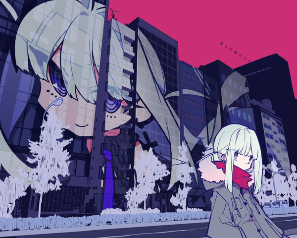 Anime picture 2375x1902 with original mochizuki kei single long hair highres purple eyes payot sky outdoors white hair city hands in pockets street drawing red sky girl scarf building (buildings) red scarf winter clothes
