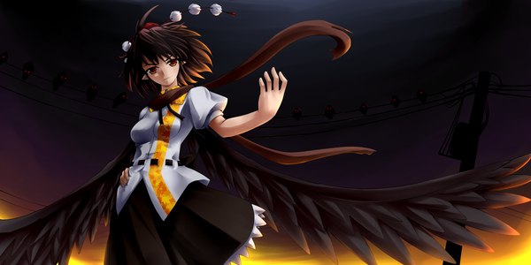 Anime picture 2250x1125 with touhou shameimaru aya gin kagami (artist) single highres short hair black hair red eyes wide image pointy ears girl wings scarf power lines