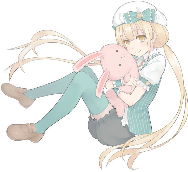 Anime picture 1020x934 with idolmaster idolmaster cinderella girls futaba anzu nnyu single long hair looking at viewer blush simple background blonde hair smile white background twintails payot low twintails girl thighhighs headdress toy stuffed animal