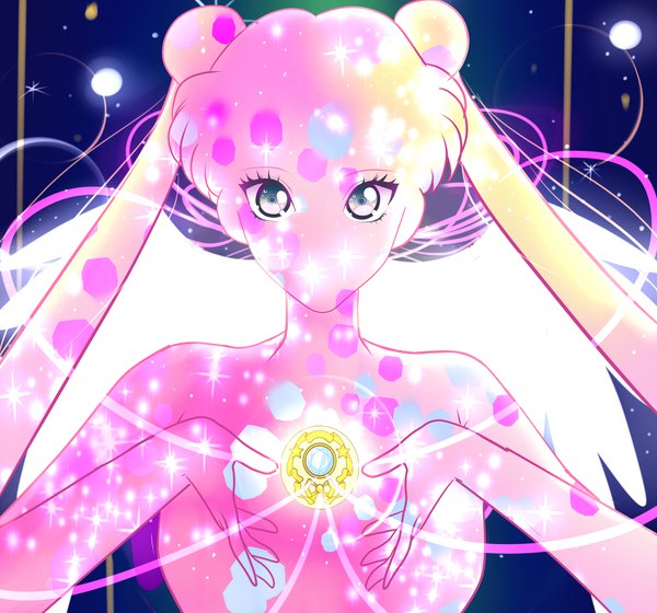 Anime picture 4500x4200 with bishoujo senshi sailor moon toei animation tsukino usagi sailor moon invader-celes single long hair looking at viewer fringe highres blue eyes twintails absurdres upper body sparkle hair bun (hair buns) lens flare dark background angel wings white wings