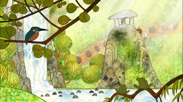Anime picture 1920x1078 with the secret of kells brendan aisling (the secret of kells) highres short hair blue eyes wide image looking away orange hair waterfall boy plant (plants) animal tree (trees) water bird (birds) branch stone (stones) frog common kingfisher