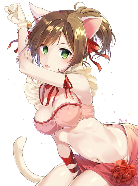 Anime picture 741x1000 with idolmaster idolmaster cinderella girls maekawa miku pinb single tall image looking at viewer blush fringe short hair breasts light erotic simple background brown hair large breasts white background bare shoulders holding green eyes signed