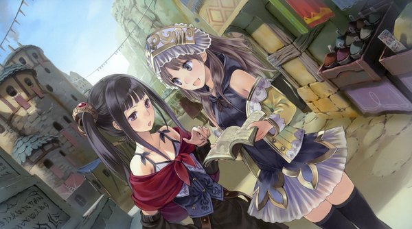 Anime picture 3417x1907 with atelier (series) gust (company) totooria helmold mimi houllier von schwarzlang kishida mel highres open mouth black hair brown hair wide image multiple girls brown eyes absurdres black eyes girl thighhighs 2 girls book (books)