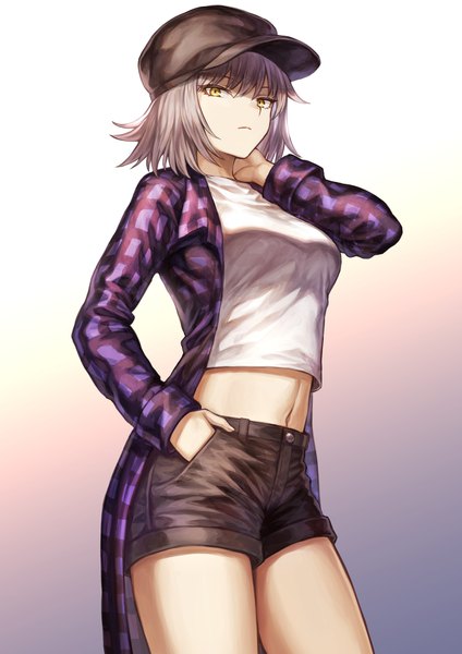 Anime picture 1302x1842 with fate (series) fate/grand order jeanne d'arc (fate) (all) jeanne d'arc alter (fate) mashuu (neko no oyashiro) single tall image looking at viewer fringe short hair breasts simple background hair between eyes standing yellow eyes silver hair open clothes midriff alternate costume gradient background