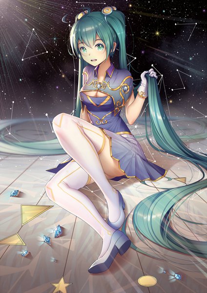 Anime picture 707x1000 with vocaloid hatsune miku kr (sapphire) single tall image looking at viewer fringe breasts open mouth light erotic sitting twintails holding cleavage full body bent knee (knees) very long hair pleated skirt aqua eyes aqua hair