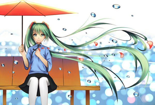 Anime picture 1000x681 with vocaloid hatsune miku kr (sapphire) single looking at viewer fringe sitting holding bent knee (knees) very long hair traditional clothes aqua eyes wind aqua hair chinese clothes girl skirt flower (flowers) petals pantyhose