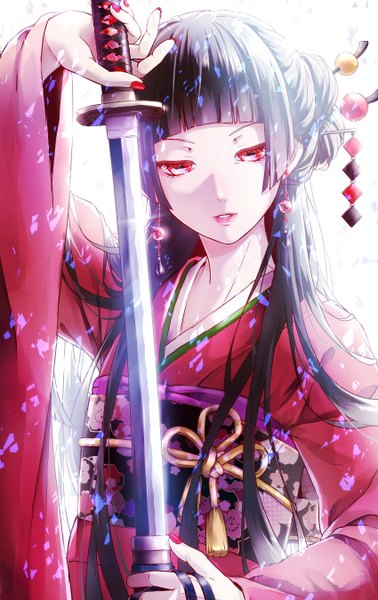 Anime picture 1700x2700 with original noah. single long hair tall image looking at viewer fringe red eyes brown hair holding white hair blunt bangs nail polish traditional clothes parted lips japanese clothes multicolored hair fingernails lips wide sleeves