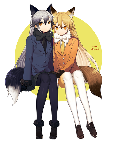 Anime picture 783x1000 with kemono friends ezo red fox (kemono friends) silver fox (kemono friends) fucodoku long hair tall image looking at viewer fringe simple background blonde hair hair between eyes white background sitting multiple girls animal ears silver hair full body tail animal tail :o