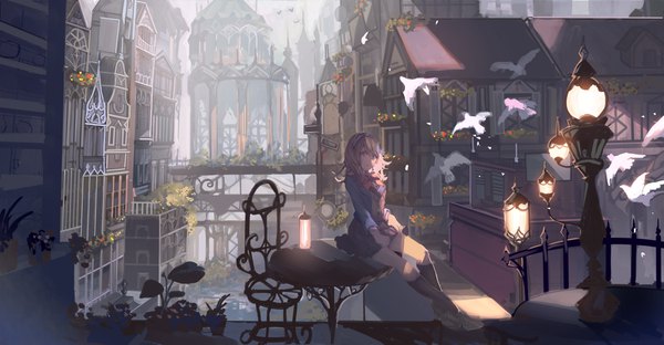 Anime picture 3886x2025 with original ori (momonimo) single long hair looking at viewer fringe highres open mouth blonde hair hair between eyes wide image sitting absurdres full body bent knee (knees) outdoors grey eyes high heels girl thighhighs