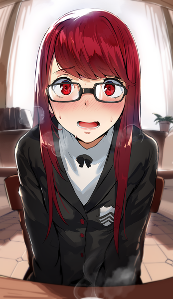 Anime picture 3387x5846 with persona 5 persona persona 5 the royal yoshizawa kasumi hews single long hair tall image looking at viewer blush fringe highres open mouth red eyes sitting absurdres red hair indoors embarrassed sweatdrop
