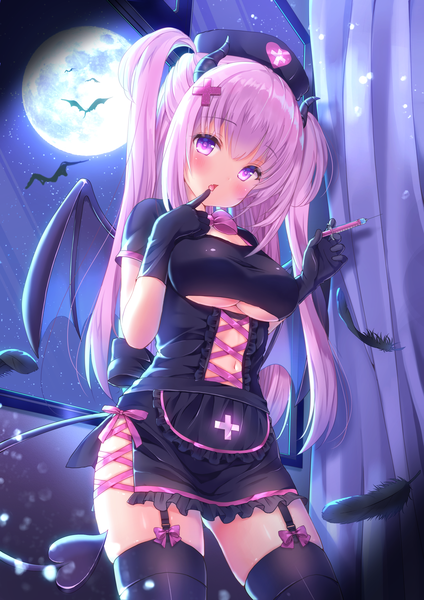 Anime picture 1400x1980 with original yuyuko (yuyucocco) single long hair tall image looking at viewer blush fringe breasts open mouth light erotic standing purple eyes holding payot pink hair tail blunt bangs horn (horns) night