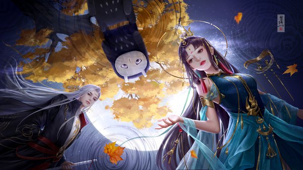 Anime picture 1778x1000 with original fan xiu long hair looking at viewer fringe highres black hair wide image holding brown eyes signed looking away silver hair upper body outdoors traditional clothes parted lips lips realistic night