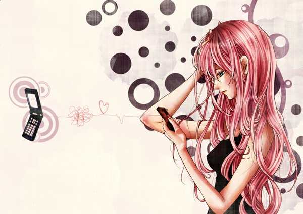 Anime picture 1024x724 with vocaloid megurine luka aloeloa single long hair blue eyes bare shoulders pink hair profile hand on head girl phone