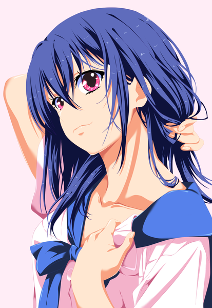 Anime picture 942x1367 with strike the blood himeragi yukina matias54 single long hair tall image simple background white background blue hair pink eyes coloring adjusting hair girl uniform school uniform