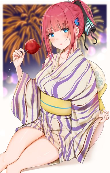 Anime picture 3000x4700 with go-toubun no hanayome nakano nino uiri-na single tall image looking at viewer blush fringe highres short hair open mouth blue eyes sitting holding payot ponytail blunt bangs traditional clothes japanese clothes blurry