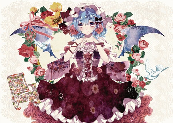 Anime picture 1449x1036 with touhou remilia scarlet ginzuki ringo single looking at viewer blush short hair smile purple eyes blue hair hair flower girl dress hair ornament flower (flowers) bow hair bow wings rose (roses) ring